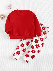 Cozy Pixies 2件套女婴花卉印花针织柔软圆领长袖运动衫和裤子套装 - 紅色 - 查看 5