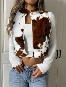 SHEIN EZwear 女式杏色豹纹羊毛无袖拉链夹克，秋季 - 杏色 - 查看 5