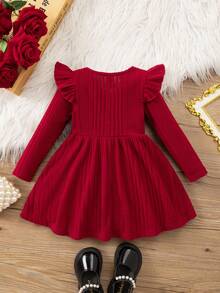 SHEIN Babygirl Cute & Elegant Christmas Valentine's Day Knit Casual Red Long Sleeve Dress Fall Winter,Suitable For Gatherings, Parties, Birthdays, Daily - Red - View 2