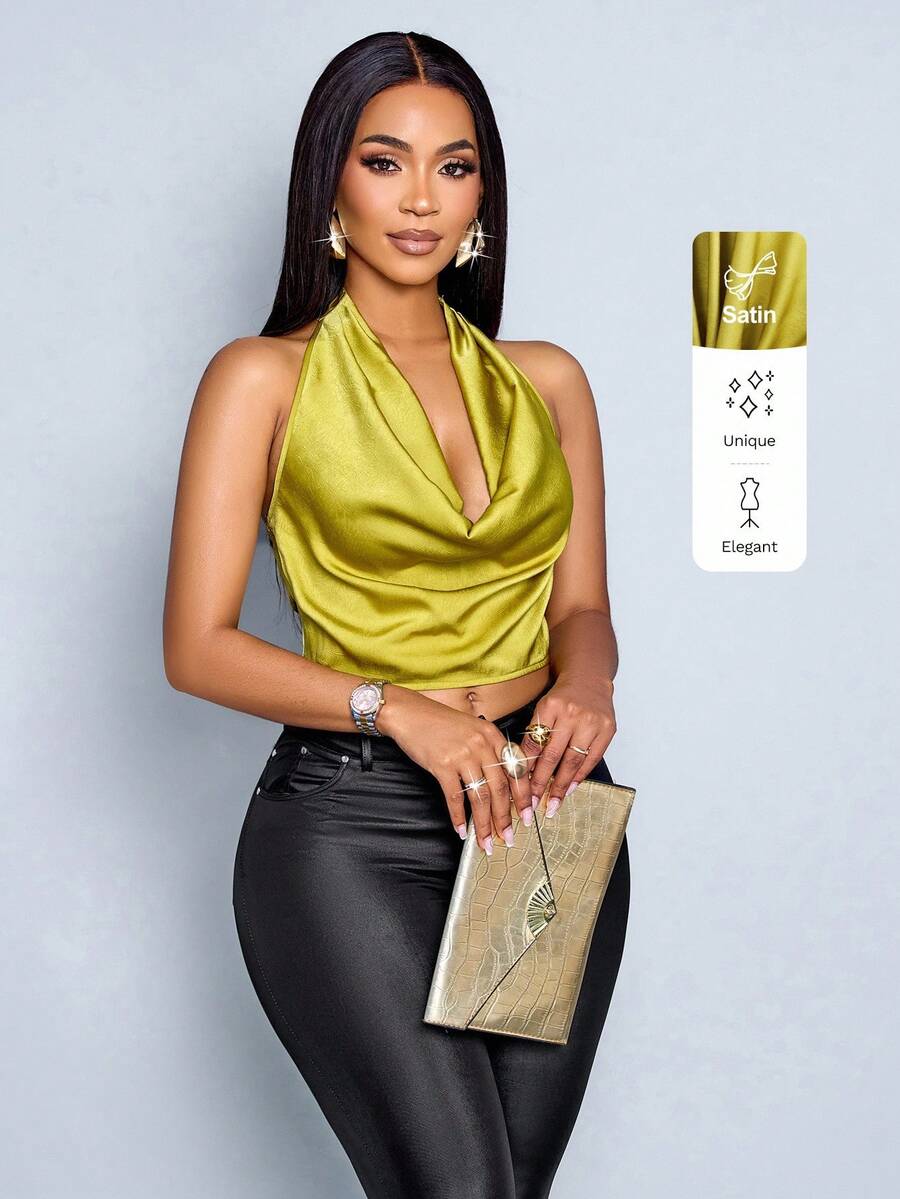 SOLERSUN Women's Vacation Casual Solid Color Draped Neck Halter Backless Cropped Satin Tank Top Halloween Clothes Yellow Summer