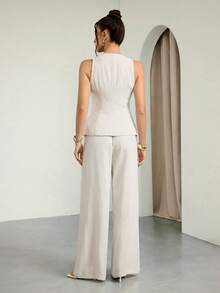 SHEIN Tall 2件套简约纯色亚麻露背串珠套装（吊带背心和阔腿裤），适合工作、派对、休闲、正式场合 - 米色 - 查看 3