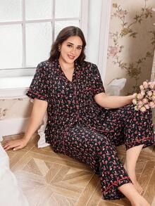 CottageSlumber Plus Size Ditsy Floral Ruffle Collar Open Front Pajama Set - Multicolor - View 7