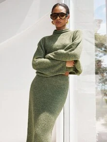 SHEIN Luminelle 高领蝙蝠袖毛衣和针织裙 - 綠色 - 查看 5