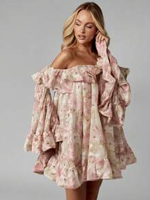 MISSGUIDED Đầm ngắn Bardot bằng chiffon họa tiết hoa, trễ vai, tay dài loe, xếp nếp, thích hợp cho đám cưới, lễ tốt nghiệp, mùa xuân hè, tiệc vườn, các dịp đặc biệt. - Hồng - Xem 3