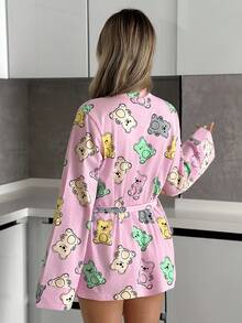 EURMUSE Women Cotton Cute Bear Pattern Long Sleeve Velted Cute Homewear Robe For Ladies - Multicolor - View 2