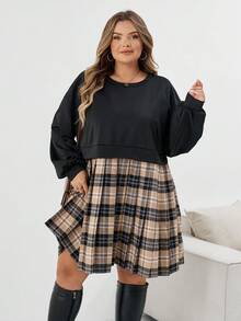 SHEIN CURVE+ Vestido de Moletom com Mangas Longas e Estampa Xadrez em Patchwork para Mulheres Plus Size, Adequado para Outono/Inverno