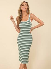 Coeurva Ladies' Summer Striped Textured Knitted Slimming Casual Holiday Dress,Pastel Dresses For Women - Green - View 3