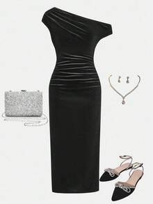 SHEIN 青少年女孩休闲优雅不对称领口褶饰腰部天鹅绒紧身长裙，适合圣诞派对、返校装、聚会，黑色 - 黑色 - 查看 8