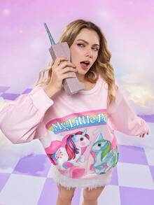 My Little Pony X SHEIN Women's Cute Pony Print Round Neck Drop Shoulder Sweatshirt, Autumn Aesthetic Tops Kawaii Aesthetic Pink Sweatshirt Romwe Kawaii