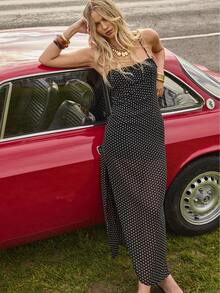 Aralina Fall / Winter Halter Neck Tie Up Polka Dot Y2K Maxi Dress With Ruffle Detail For Going Out And Night Out Dress Perfect For Homecoming