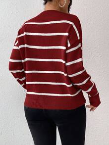 SHEIN Frenchy Áo len cổ chữ V họa tiết sọc trễ vai thời trang thu đông cho nữ - Nhiều màu - Xem 2