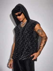 ROMWE MEN Street Life Men's Hooded Zip Front Avant Casual Velvet Vest, For Fall Winter - Black - View 9
