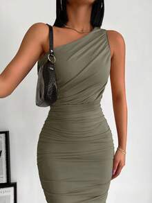 EURMUSE Women's Solid Color Sleeveless Pleated Fitted Midi Dress - Hijau Tentara - View 6