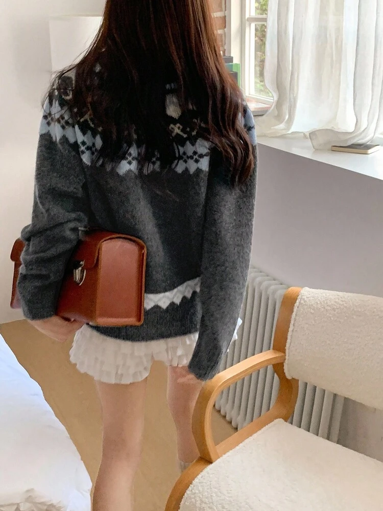 Women's Crew Neck Contrast Color Casual Loose Fit Long Sleeve Sweater, Korean Style, Autumn/Winter,New Year,Christmas