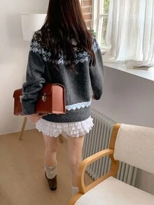 DAZY Women's Crew Neck Contrast Color Casual Loose Fit Long Sleeve Sweater, Korean Style, Autumn/Winter,New Year,Christmas