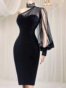 Ellevyn 大码网眼不对称肩部浪漫优雅连衣裙 - 黑色 - 查看 12