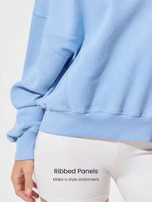 GLOWMODE Áo nỉ ấm áp hàng ngày, thoải mái, nhẹ, dáng rộng, cổ tròn, dài đến eo, chất liệu gân, thích hợp cho mùa thu đông, hoạt động ngoài trời, mặc hàng ngày. - Màu xanh nhạt - Xem 4