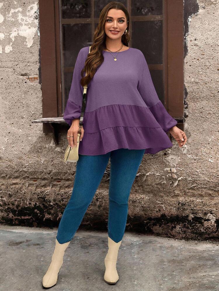 Plus Size Casual Winter Women Colorblock Lantern Sleeve Shirt