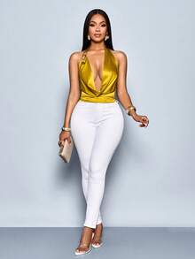 SOLERSUN Áo ba lỗ satin bó sát trang trí kim loại gợi cảm thanh lịch cho nữ - Màu Mù tạt vàng - Xem 3