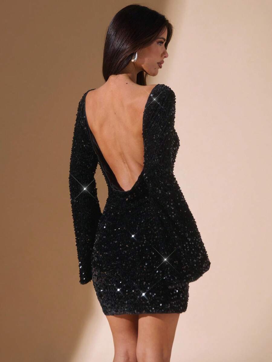 SHEIN BAE 女式黑色天鹅绒亮片方领迷你连衣裙，鸡尾酒会俱乐部服装，适合夜间外出、派对、正式场合、节日活动、万圣节、圣诞节 - 黑色 - 查看 1