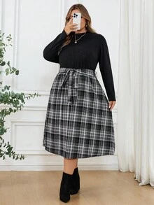 SHEIN CURVE+ Plus Size Women's Elegant Patchwork Plaid Hem Long Sleeve Dress, Suitable For Office Wear, Winter,Fall Clothes For Women/Autumn /Winter
