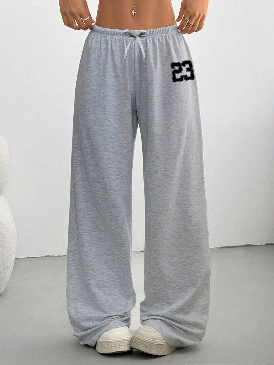 SHEIN 青少年女孩宽松休闲百搭阔腿针织运动衫和纯色抽绳运动裤套装 - 灰色 - 查看 1