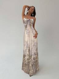 Aloruh Elegant Floral Print Apricot Color Maxi Slip Dress,Vestidos Elegantes