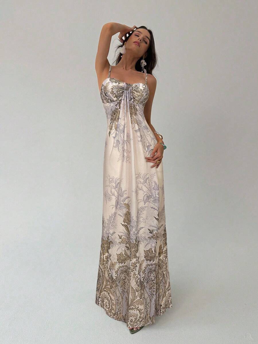 Aloruh 优雅印花杏色吊带长裙 - 粉色 - 查看 1