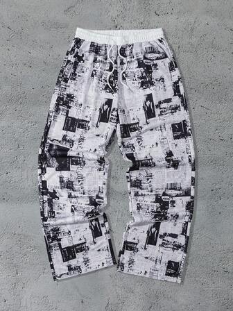 Street Life Herren Lässig Jogginghose mit Zeitungsdruck, Kordelzug Taille, Taschen, weite Passform