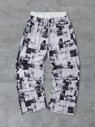 Street Life Men's Casual Newspaper Print Drawstring Waist Pocket Loose Sweatpants