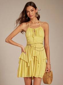 Enchnt Women's Vacation Casual Bohemian Ruffle Halter Backless Dress - Yellow - View 3
