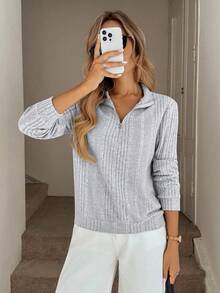 Easowa T-shirt décontracté vintage pour femmes en tissu côtelé texturé et doux avec col zippé - Gris - Voir 7