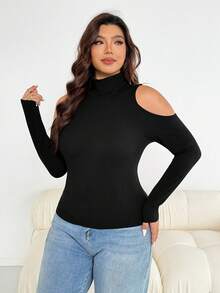 SHEIN Essnce 大码女士时尚休闲高弹舒适日常百搭修身黑色高领修身上衣，打底衫，工作服，春季款 - 黑色 - 查看 6