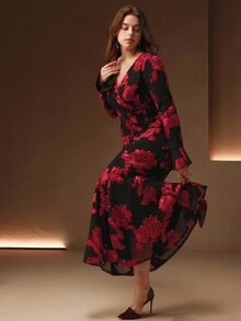 Anewsta 大码女式V领褶皱腰修身连衣裙，女士秋季连衣裙 - 玫瑰紅 - 查看 3