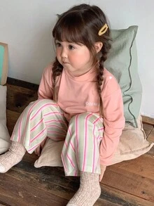 DAZY 2 件套幼儿女童圆领休闲短袖 T 恤和条纹宽松裤睡衣套装 - 淺粉色 - 查看 1