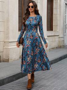 EMERY ROSE Women's Colorful Floral Print Round Neck Long Sleeve Mid-Length Dress