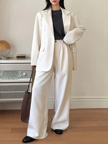 DAZY Women's Lapel Long Sleeve Blazer And Loose Straight Leg Pants Casual Suit Set Business Attire