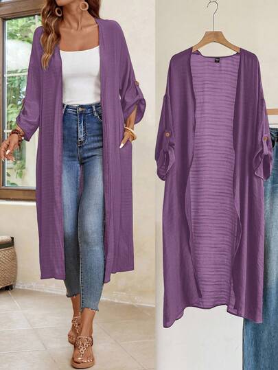 EMERY ROSE 秋季大码女式纯色卷袖开襟长款休闲夹克