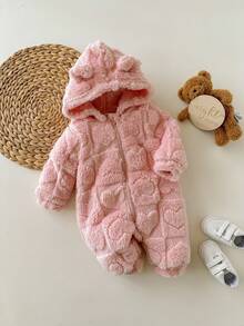 Newborn Baby Girl Cute 3D Ear Fluffy Pink Heart Pattern Zip-Up Hooded Romper, Autumn/Winter