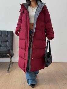 DAZY Hooded Contrast Lining Pocket Thick Long Red Christmas & New Year Padded Coat For Women, Autumn/Winter - Burgundy - View 6