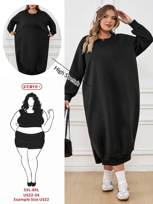 SHEIN CURVE+ Plus Size Women Loose Casual Long Fleece Hoodie Dress, Suitable For Halloween, Autumn/Winter/Autumn /Winter