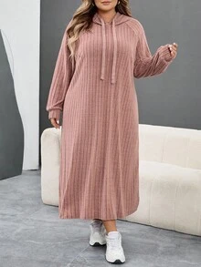 SHEIN CURVE+ Plus Size Women's Ribbed Fabric Long Sleeve Hooded Loose Dress