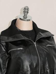 SHEIN ICON Plus Size Black Retro Y2K PU Leather Jacket, Autumn/Winter