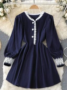 DreamSkyne Vestido de manga larga con botones y ribete de encaje para tallas grandes - Azul Marino - Ver 1