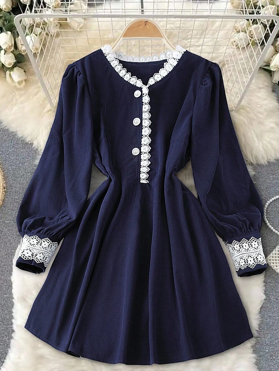 DreamSkyne Vestido de manga larga con botones y ribete de encaje para tallas grandes - Azul Marino - Ver 1
