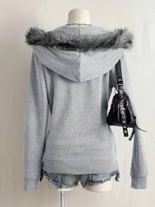 SHEIN EZwear Women's Retro Print Rhinestone Fuzzy Collar Sweatshirt Women Sweatshirts Women Winter Clothes Rhinestone Zip Up Women Sweatshirts Rhinestone Zip Up Cross Sweatshirt For Women Women Sweatshirts Women Sweatshirts - Grey - View 2