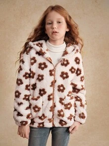 Tween Girl Floral Fuzzy Hooded Zip-Up Jacket, Autumn/Winter Fall - Baby Pink - View 5