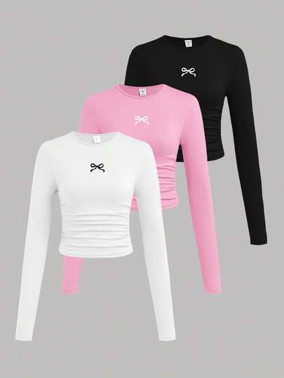 SHEIN Girlism 3pcs/Set Tween Girls' Fitted Casual Solid Color Round Neck Ruched Long Sleeve T-Shirts Girls Tight Tops 3 Packs Tops Long Sleeve Tops Girls Teen Long Sleeve Crop Top Fall Winter