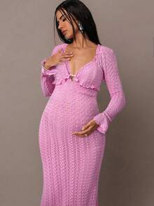 MaterniChic 孕妇白色钩针纹理露肩连衣裙，镂空后背，优雅下摆，适合派对、婚礼、正式活动，性感 - 粉色 - 查看 5