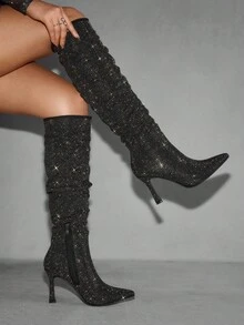 CUCCOO SZL 女士尖头水钻装饰褶饰过膝长靴，性感细高跟及膝长靴，适合夜店派对 - 黑色 - 查看 1